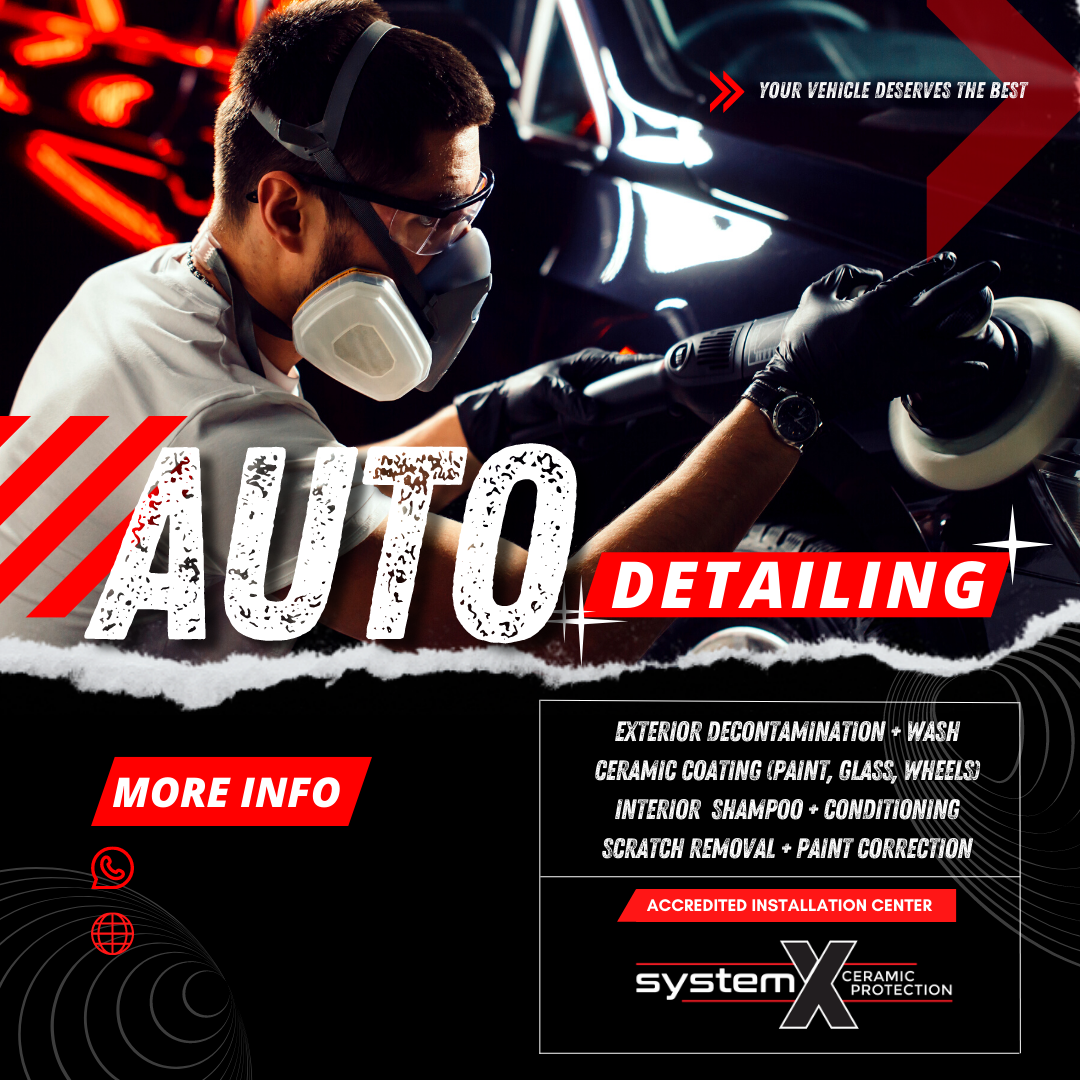 Detailing promotion showing a technician polishing a black car