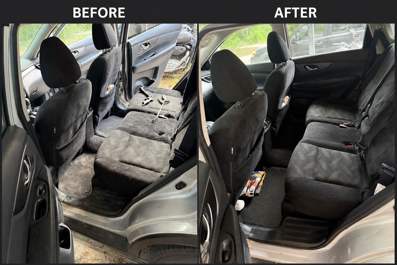 Before and after cleaning a dark cloth rear-seat interior